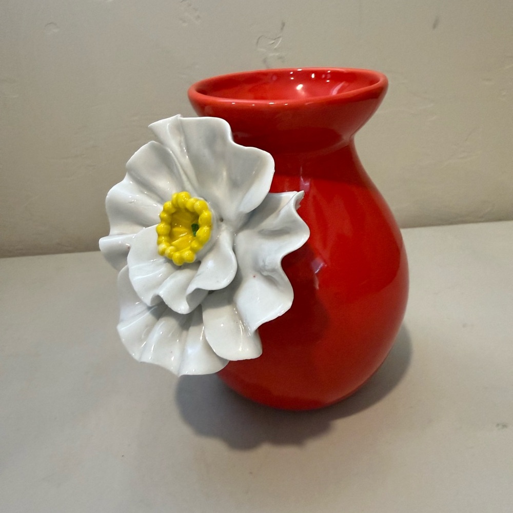 Anthropologie Red Orange Ceramic Vase 3D Poppy Bloom Applied Flower‎ Retired 6"